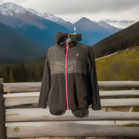 New Balance Women's Fleece Hoodie Jacket Large Full Zipper Black Pink - Picture 1 of 5
